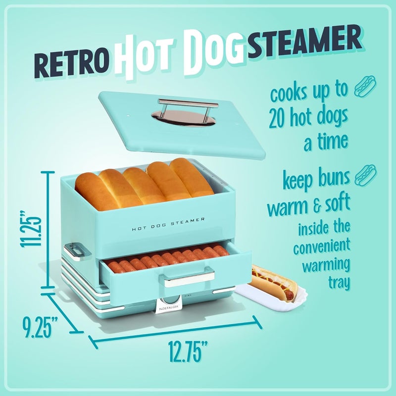 Nostalgia Extra Large Diner-Style Steamer, 20 Hot Dogs and 6 Bun Capacity, Perfect for Breakfast Sausages, Brats, Vegetables, Fish, Aqua - Image 2
